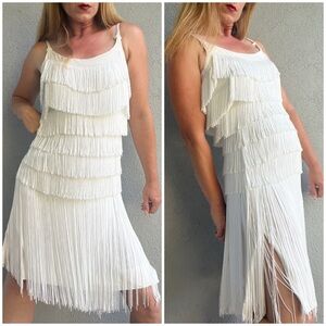 Vintage 1960s SiSi Gatsby White Fringe Flapper Wiggle Midi Dress Sz S